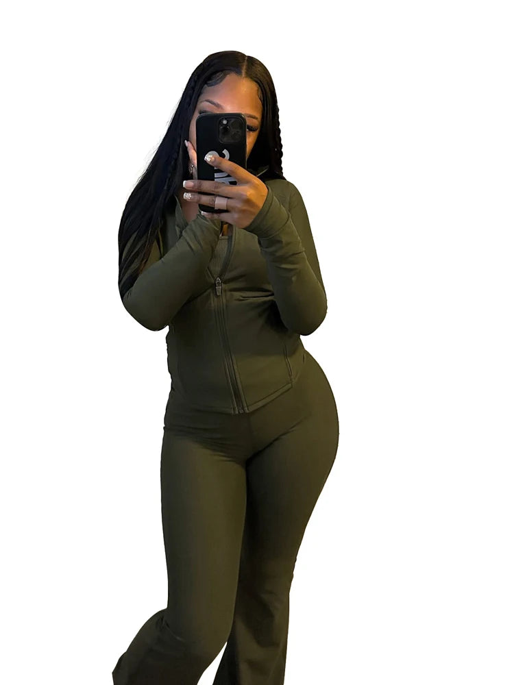 Women Clothes Two Piece Flared Pants Tracksuits Set