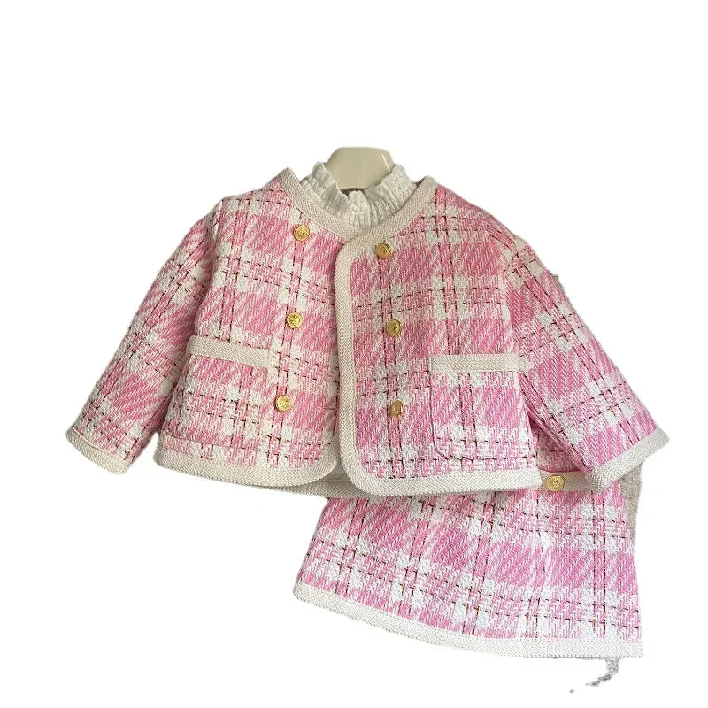 Girls' Suit Winter New Korean Version of Girls' Pink Small Fragrance Long-sleeved Coat + Skirt Two-piece Set  Girl Clothes