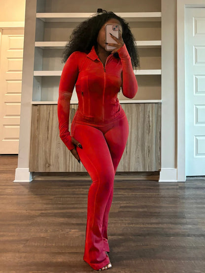 Women Clothes Two Piece Flared Pants Tracksuits Set