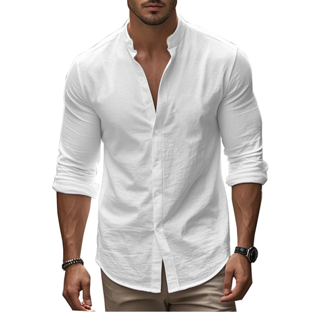 Men's Henry Shirts Cotton Linen Slim Fit Causal Hawaiian Solid Color Basic Style Spring Summer Breathable Men Clothing