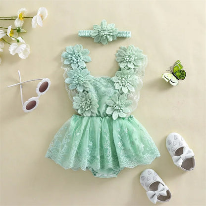 Pudcoco Infant Newborn Baby Girl Summer Outfit, Flower Embroidery Tie-Up Mesh Romper Dress Bow Headband 2 Piece Set 0-24M