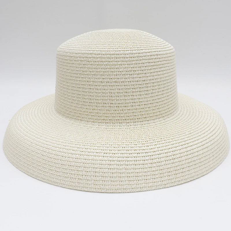 2024 New Summer Sun Hats Ladies Solid Plain Elegant Wide Brim Hat Female Round Top Panama Floppy Straw Beach Hat Women лето