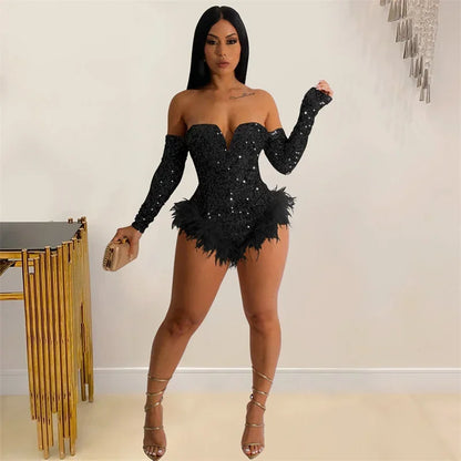 Sequins Splicing Feather Jumpsuit Women Sexy Backless Long Sleeve Slim Fit Chic Bodysuit