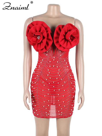 Znaiml Chic 3D Flower Rhinestones Peals Mesh Off Shoulder Bodycon Red Mini Dress Women Sexy Birthday Evening Prom New Year Robe