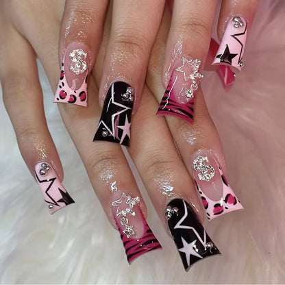 Duckbill Leopard French False Nails y2k Press On Nails Wearable Punk Fake Nails with Ball Diamond Stars Decor Removable Nail Art