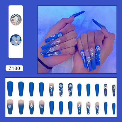 24Ps Super Long Ballet Wearable Fake Nails Blue Diamond Small Flower Press on Nail Stickers Finished Removable False Nail Pieces
