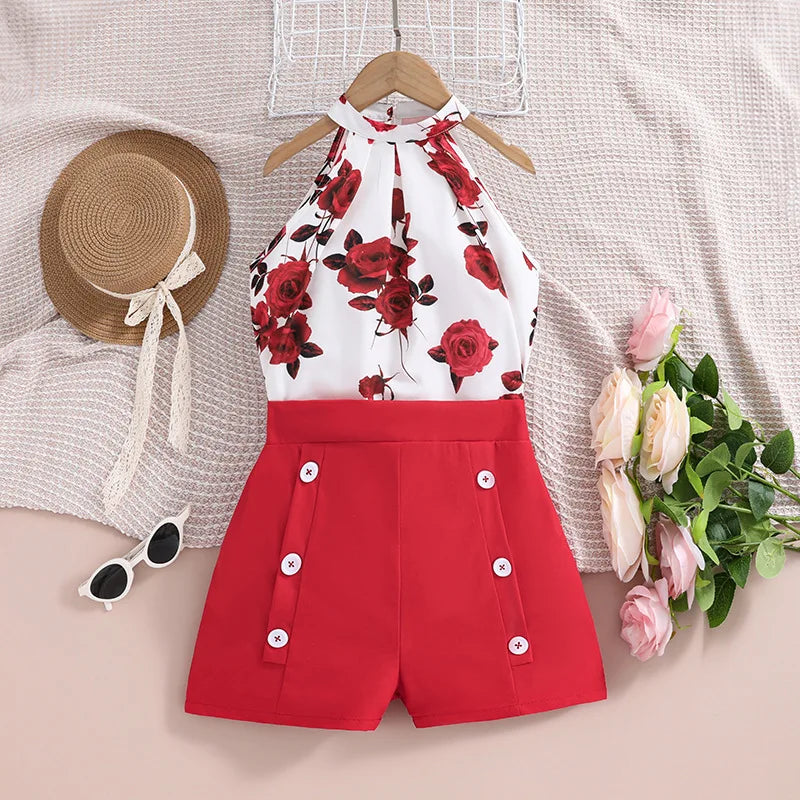 4-12Y Summer Sets For Girls Outfits Sleeveless Halter Neck Heart Top and Black Shorts Children Teenager