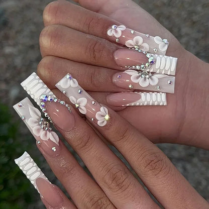 24Pcs Simple White French Press on Nails with Glue Long Ballet False Nails Wearable Coffin Fake Nails Full Cover Nail Tips