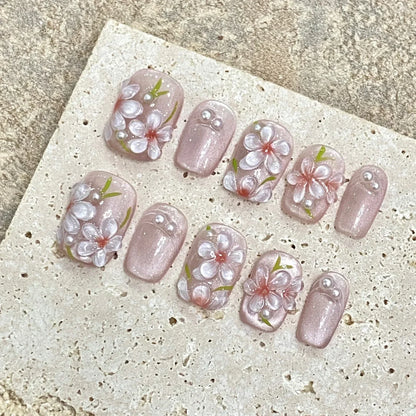 10Pcs Sweet Cute Handmade Press on Nails Flower Butterfly Fake Nails Glossy Diamond False Nails Full Cover Acrylic Nail Tips Art