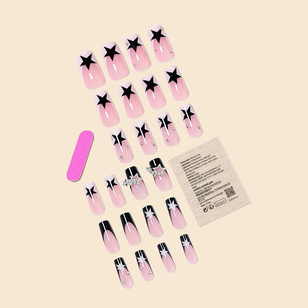 24Pcs Long Square Black French sparkling diamond star pendant Press on Nail