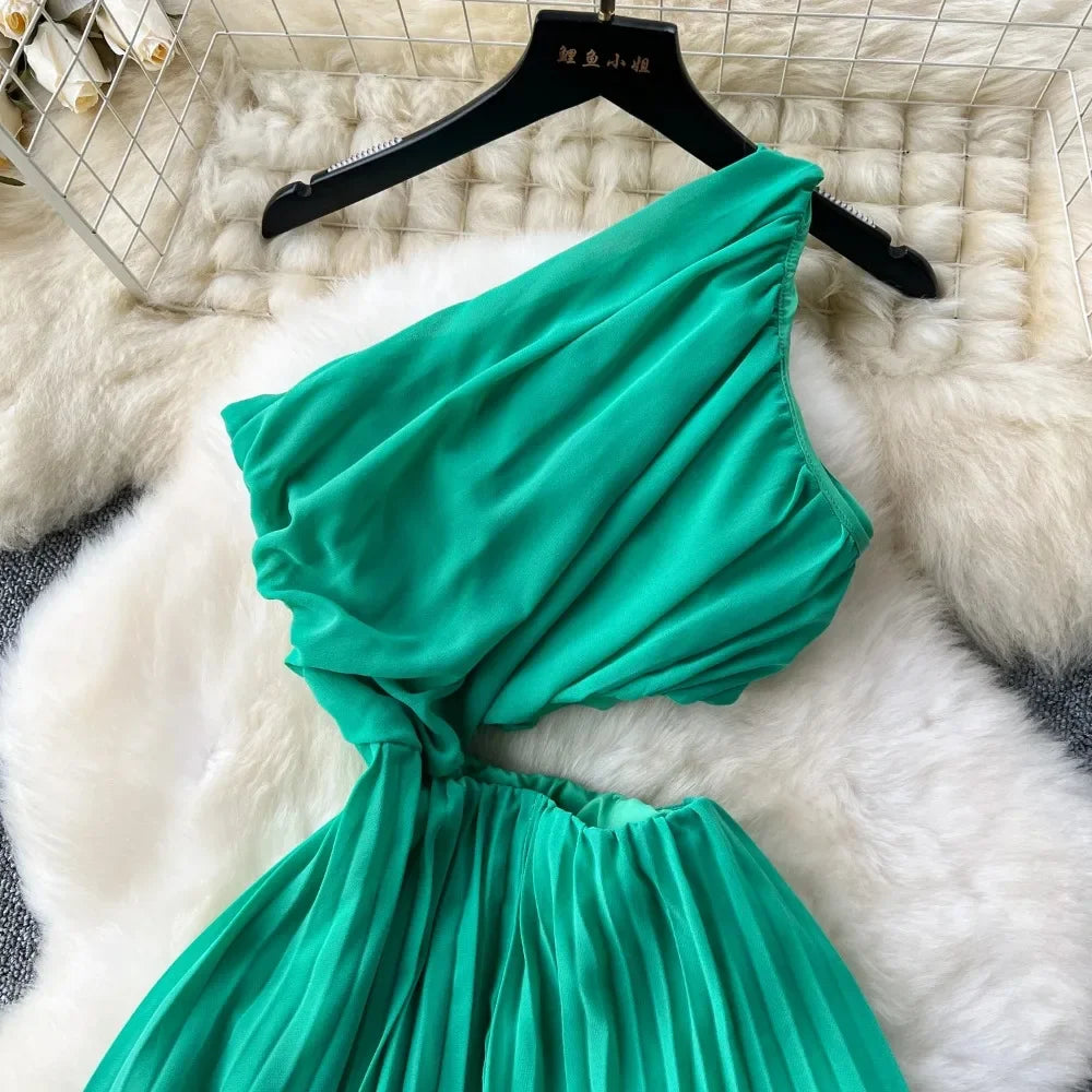 Elegant Hollow Out Pleated Off Shoulder Off Waist Split Dress Vacation Diagonal Collar Women Ceremonial Vestidos Dresses