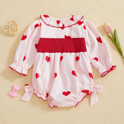 FOCUSNORM 0-24M Lovely Baby Girls Valentine’s Day Romper Long Sleeve Doll Collar Letter Embroidery Heart Print Bow Jumpsuits