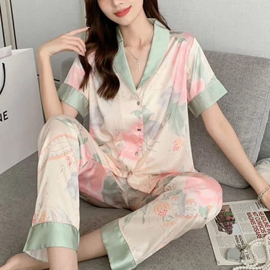 Woman Pijamas Short Sleeve Long Trousers Loose School Home Wear 2PCS Set Lotus Cardigan Lapel Trousers Sleepwear Girl Loungewear