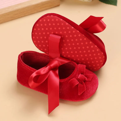 Newborn Baby Shoes Baby Girl Shoes Girl Classic Red Bowknot Rubber Sole Anti-slip PU Dress Shoes First Walker Toddler Crib Shoes