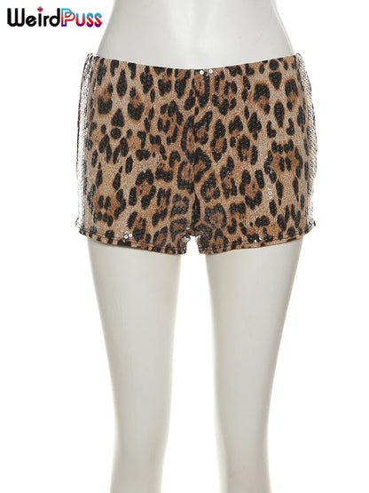 Weird Puss Sexy Sequins Shorts Women Leopard Print Patchwork Wild Skinny Basic Club Street Summer Midnight Sexy Trend Buttoms