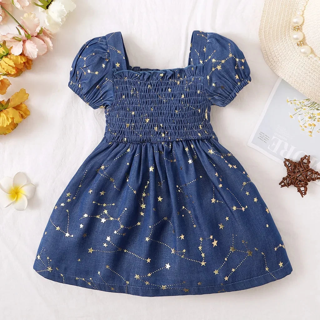 Baby Girl Summer Dress Golden Star Pattern Puff Sleeve Blue Princess Dress Fashion Party Dress for Kids Girl 3-24 Months