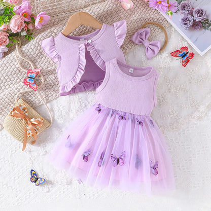 Summer Set Infant Girl Clothes Newborn Photography Fashion Cute Shawl Sleeveless Mesh Cotton Butterfly Dress