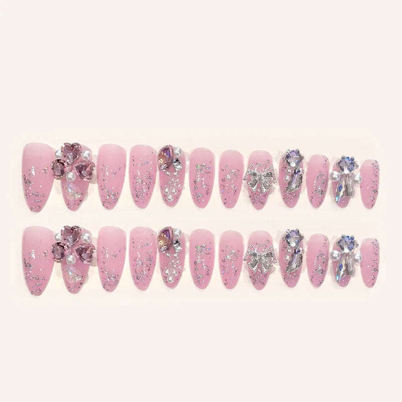 24pcs Full Rhinestones Bridal Press-on Nail Long Lasting Full Coverage Pearl Shiny Artificial Fake Nail For Manicure Decoration