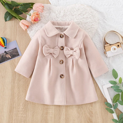 Autumn And Winter New Girls' Stylish Thick Coat With Bow Tie Long Sleeved Woolen Coat Windbreaker Trendy Outerwear