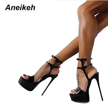 Aneikeh Sandals Sexy Open Toe 16CM High Heels Shoes Black Red White