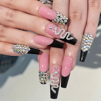 24pcs Pink Fake Nails Beveled Long  French Snake Pattern Wearing Art False Nails Finished Fashion Press on Nail Nail Charms Kit