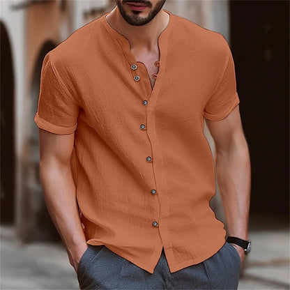 Men's Shirt Cotton Short Sleeve Casual Solid Color Retro Street Style British Style Summer Loose Collar Simple Cardigan