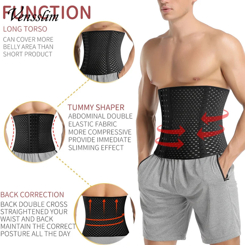 Vensslim Men Slimming Body Shaper Belt Weight Loss Tummy Control Strap Hooks Waist Trainer Workout Fitness Compression Corset