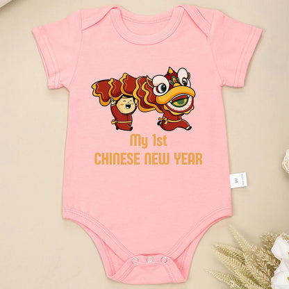 Cartoon Baby Onesies My 1st Chinese New Year lion Dance Print