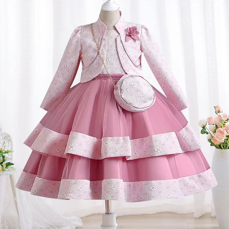 3-piece New Girls' Princess Dress Embroidered Long Sleeve Elegant Girls' Dress Children's Birthday Party Dress+Bag Set
