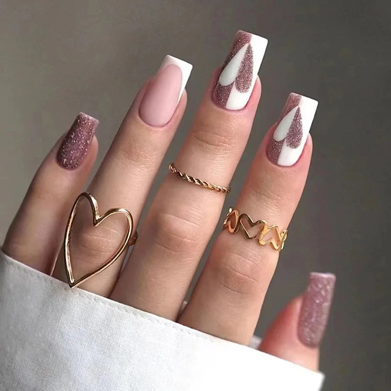 24Pcs Mid-length Ballet False Nails with White Wave Line Design Pink French Press on Nails Wearable Coffin Full Cover Fake Nail