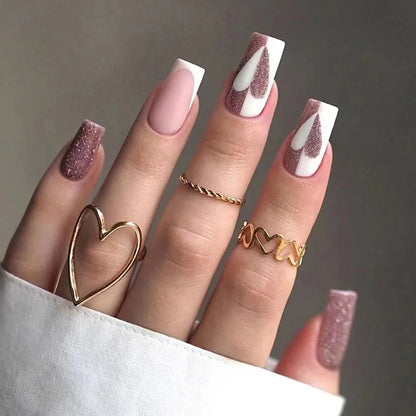 24Pcs Mid-length Ballet False Nails with White Wave Line Design Pink French Press on Nails Wearable Coffin Full Cover Fake Nail