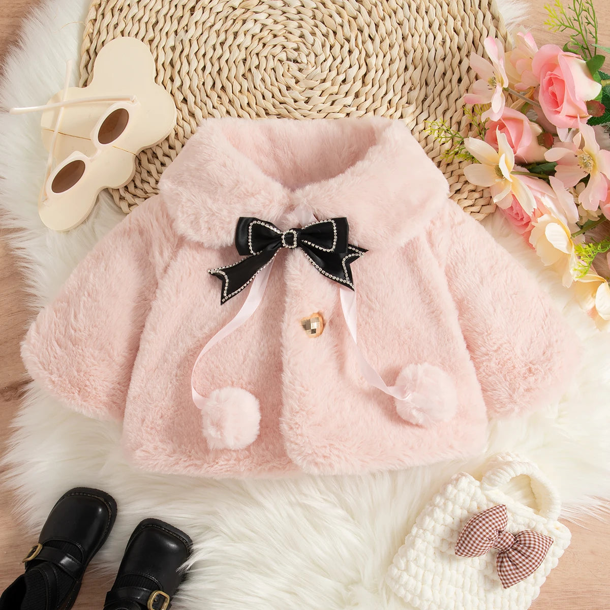 Girls' top coat cotton coat bow pearl ball coat winter new lapel long sleeve warm thick coat solid color girls' winter coat