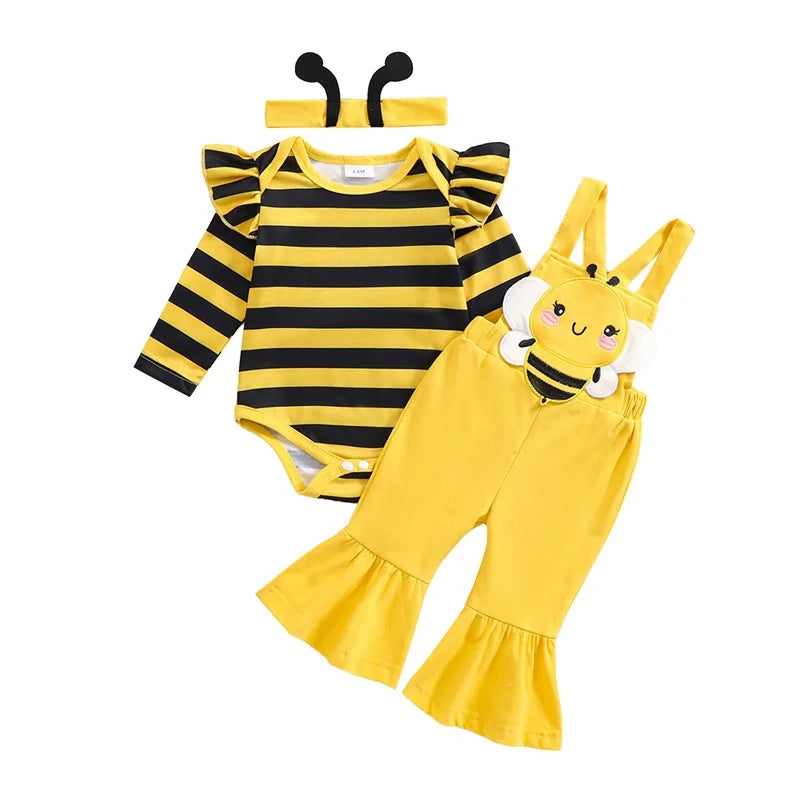 Cute Baby Girls 3 Pieces Sets Striped Long Sleeve Romper Bee Patch Long Flare Overalls Hair Band Outfits Costume