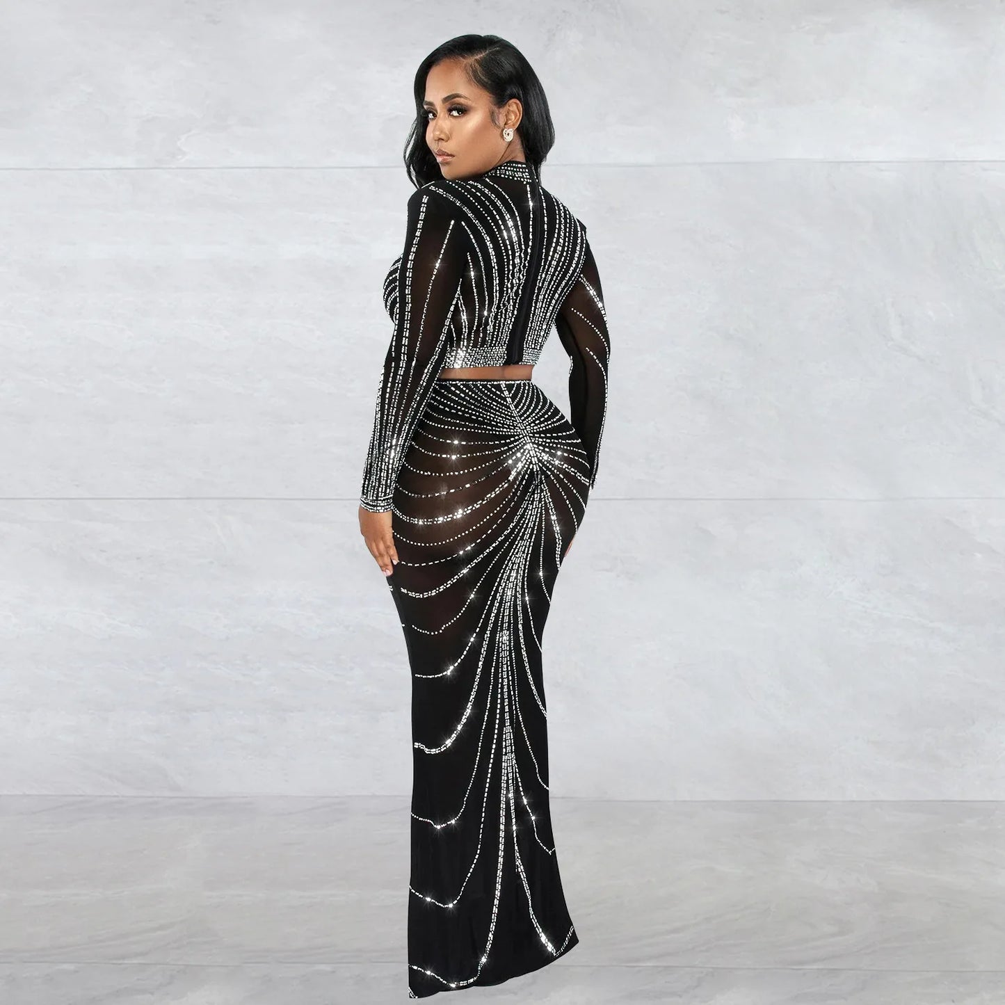 Clothing 2025 Rhinestone Mesh See Through Long Sleeve Dress Set for Women Birthday Sexy Night Club Party 2 Piece Sets Outfit