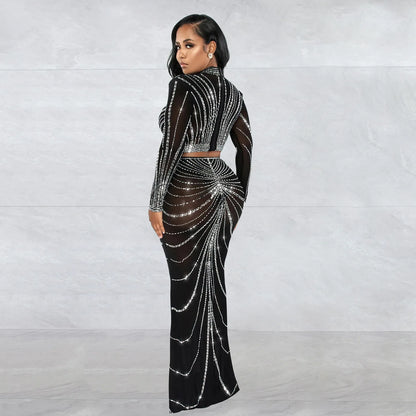 Clothing 2025 Rhinestone Mesh See Through Long Sleeve Dress Set for Women Birthday Sexy Night Club Party 2 Piece Sets Outfit