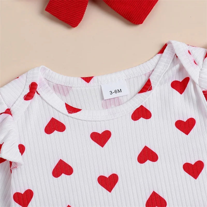 Toddler Baby Girl Valentine's Day Outfits Heart Print Long Sleeve Romper Suspender Skirts Headband 3Pcs Toddlers Spring Clothes