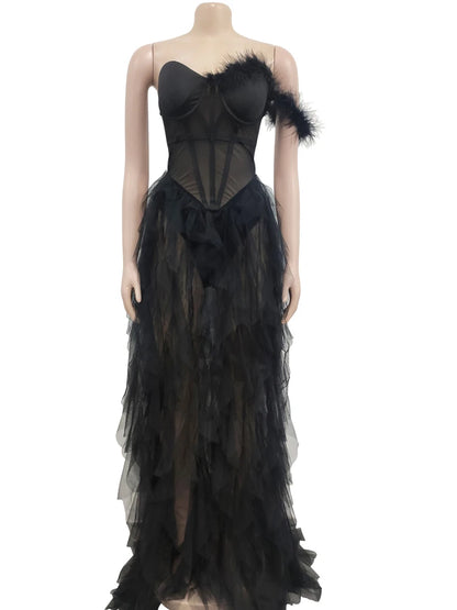 Ruffles Chffion Party Feather Maxi Dress Elegant Sheer Mesh Corset Long Party Dress