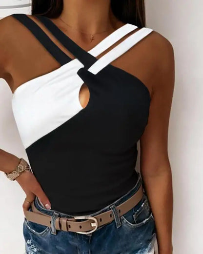 Fashion 2024 Casual Summer Sexy Sleeveless Colorblock Crisscross Halter Skinny Tank Top Female Clothes T-Shirts Pullover Tops