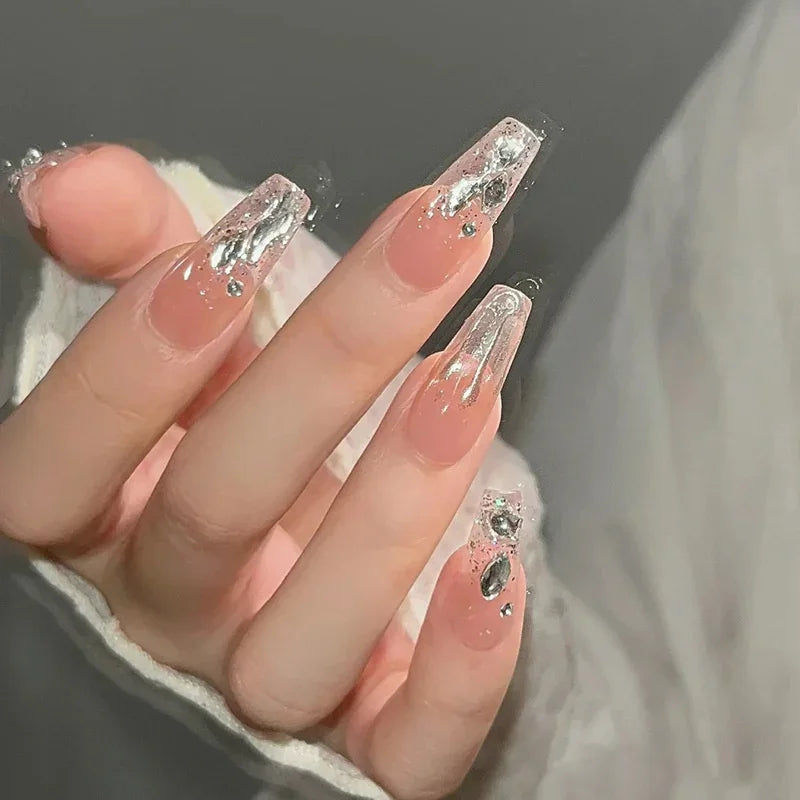 24pcs French Fake Nails Mid Length Version Press Stick On False with Designs Full Cover Artificial Pink Wearable Clear Jelly Gel