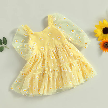 Pudcoco Infant Baby Girl Princess A-Line Dress Elegant Daisy Print Long Sleeves Mesh Tulle Party Dress for Toddler 3M-3T