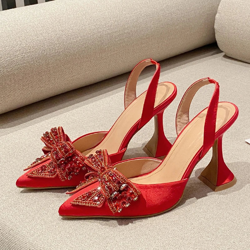 Liyke Fashion Sequined Crystal Bowknot Women Pumps Sexy Pointed Toe Red High Heels Wedding Banquet Shoes Ladies Slingback Sandal