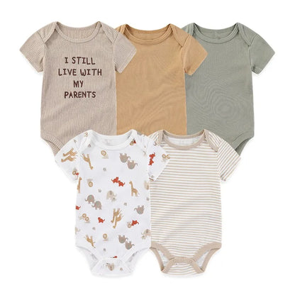 4/5PCS Cotton Bodysuits Print Newborn Baby Girl Clothes Short Sleeve Cartoon Baby Boy Clothes Set Solid Color Summer Bebes