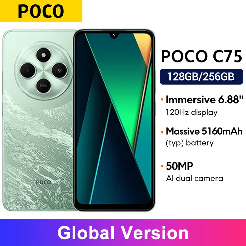 POCO C75 Global Version Helio G81-Ultra Xiaomi HyperOS 50MP AI dual Camera 5160mAh Battery NFC 6.88'' 120Hz Display