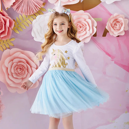 Kids Licorne Cartoon Print Dress Girls Flare Sleeve Autumn Spring Winter Vestidos Girls Princess Mesh Tulle Party Dress