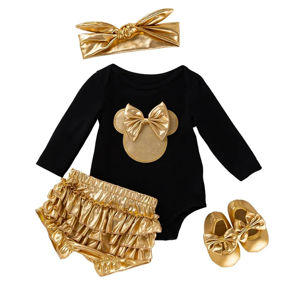 Baby Girl Jumpsuit Set of 4 pieces, Gold Bow Decoration Top, Ruffled Edge Shorts, Jumpsuit for Newborns, Set of 4 pieces/Set