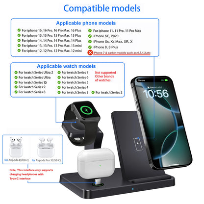 3 In 1 Wireless Charger Stand for iPhone 16 15 14 13 12 Pro Max Apple Watch 10 9 8 7 6 5 AirPods 3 4 Fast Charging Station Dock