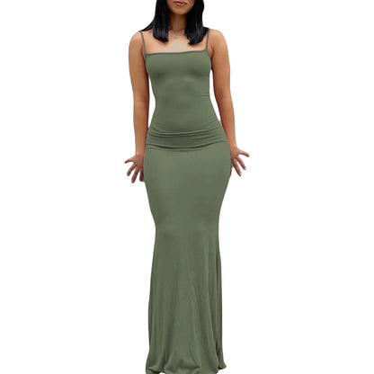 Sexy Bodycon Long Dress Solid Color Spaghetti Strap