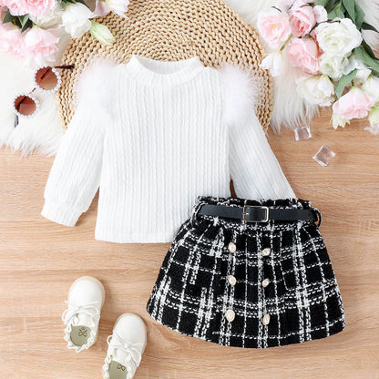 Toddler Girls Long Sleeve Solid Ribbed Tops Plaid Prints Skirts Two Outfits Children Clothes Girl