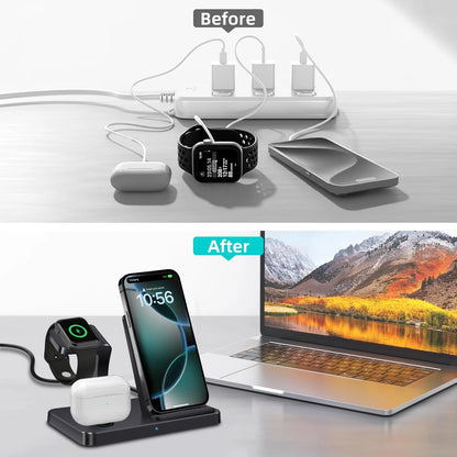 3 In 1 Wireless Charger Stand for iPhone 16 15 14 13 12 Pro Max Apple Watch 10 9 8 7 6 5 AirPods 3 4 Fast Charging Station Dock