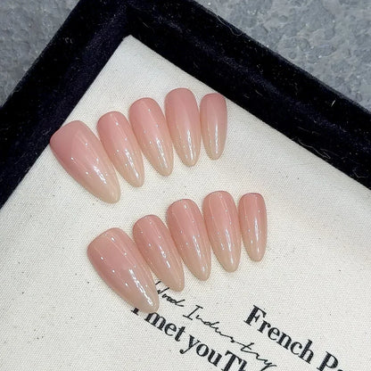 10Pcs Handmade Almond Press on Nails Medium Moonlight Pink Nail Aurora French Simple False Nails Tip Full over Fake Nails Y2k